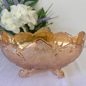 Vintage Jeannette Floragold‎ Carnival Glass Footed Oval Serving Bowl Marigold